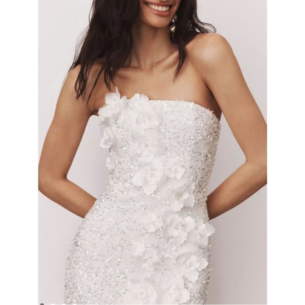 NWT-Helsi Liliana Strapless Floral Appliqué Stretch Sequin Midi Dress XS Ivory - Picture 6 of 13
